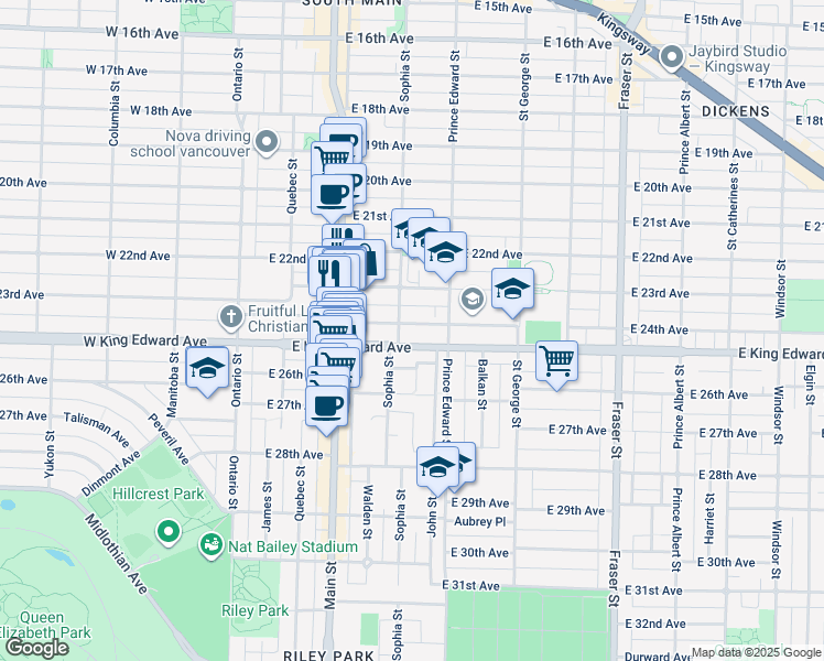 map of restaurants, bars, coffee shops, grocery stores, and more near 324 East 24th Avenue in Vancouver