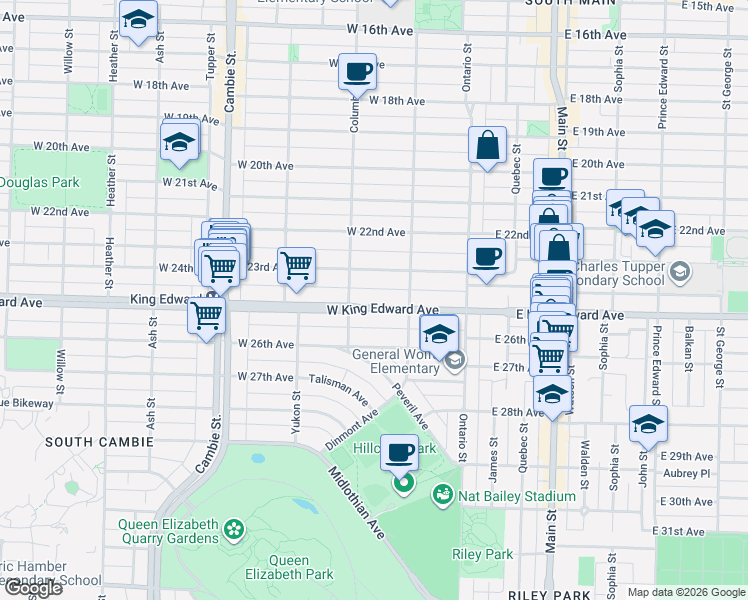 map of restaurants, bars, coffee shops, grocery stores, and more near 157 West King Edward Avenue in Vancouver