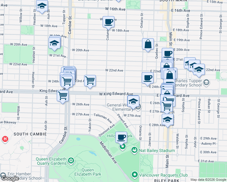 map of restaurants, bars, coffee shops, grocery stores, and more near 157 West King Edward Avenue in Vancouver