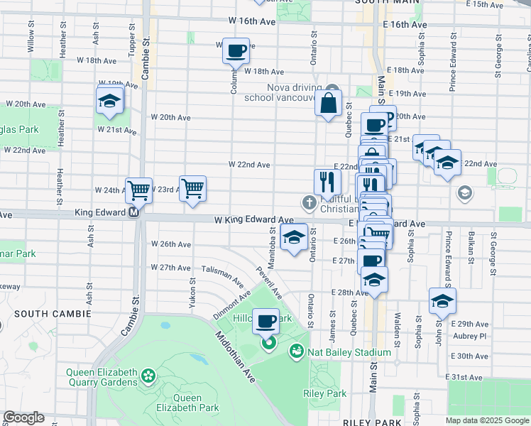 map of restaurants, bars, coffee shops, grocery stores, and more near 115 West King Edward Avenue in Vancouver