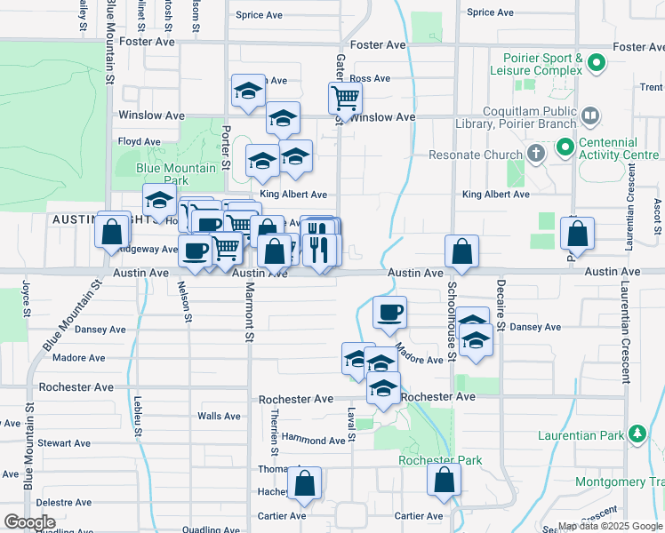 map of restaurants, bars, coffee shops, grocery stores, and more near 511 Gatensbury Street in Coquitlam