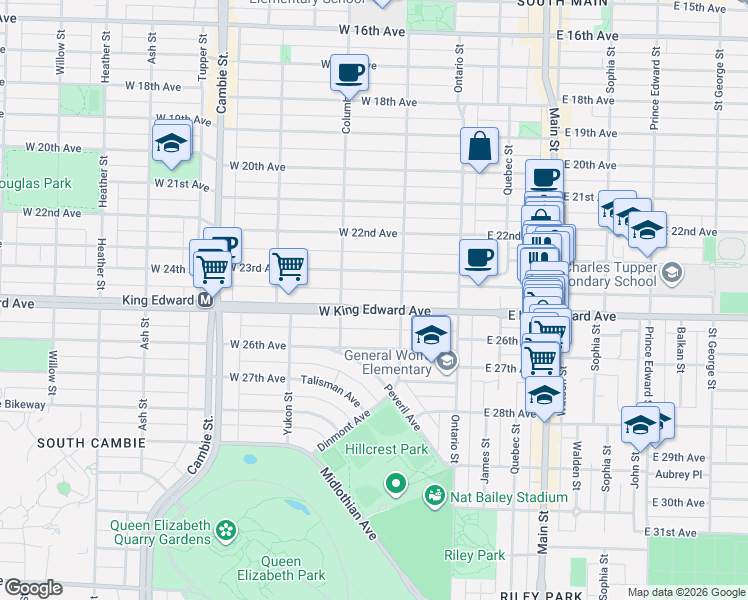 map of restaurants, bars, coffee shops, grocery stores, and more near 118 West 23rd Avenue in Vancouver