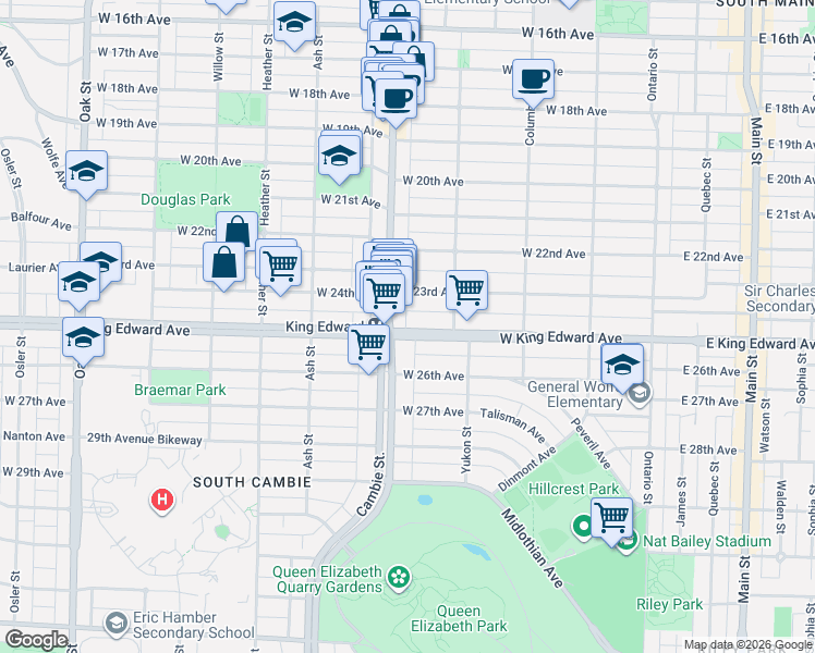 map of restaurants, bars, coffee shops, grocery stores, and more near 477 West King Edward Avenue in Vancouver