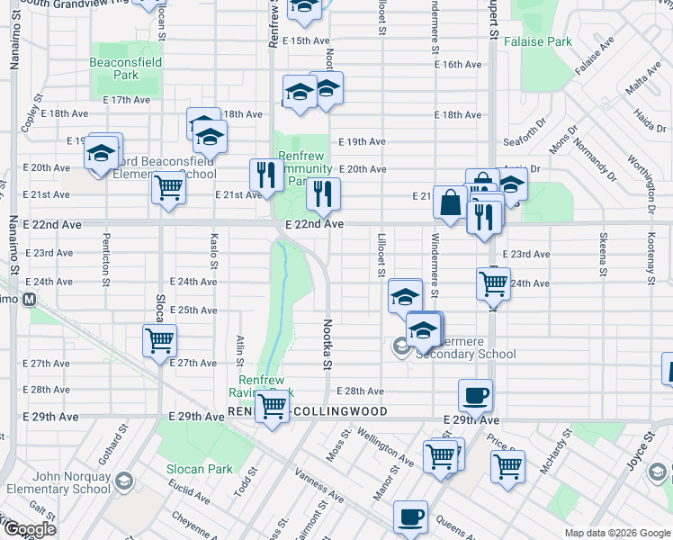 map of restaurants, bars, coffee shops, grocery stores, and more near 3960 Nootka Street in Vancouver