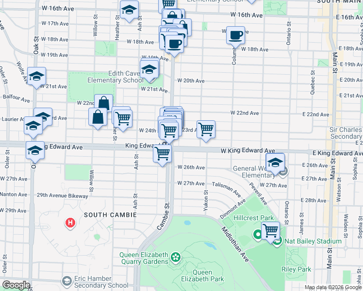 map of restaurants, bars, coffee shops, grocery stores, and more near 469 West King Edward Avenue in Vancouver