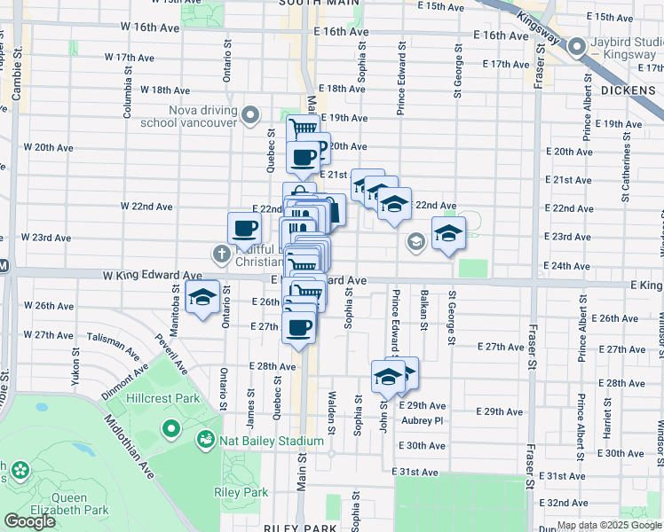 map of restaurants, bars, coffee shops, grocery stores, and more near 234 East 24th Avenue in Vancouver