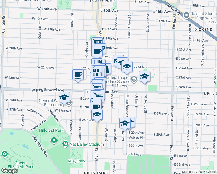 map of restaurants, bars, coffee shops, grocery stores, and more near 260 East 24th Avenue in Vancouver