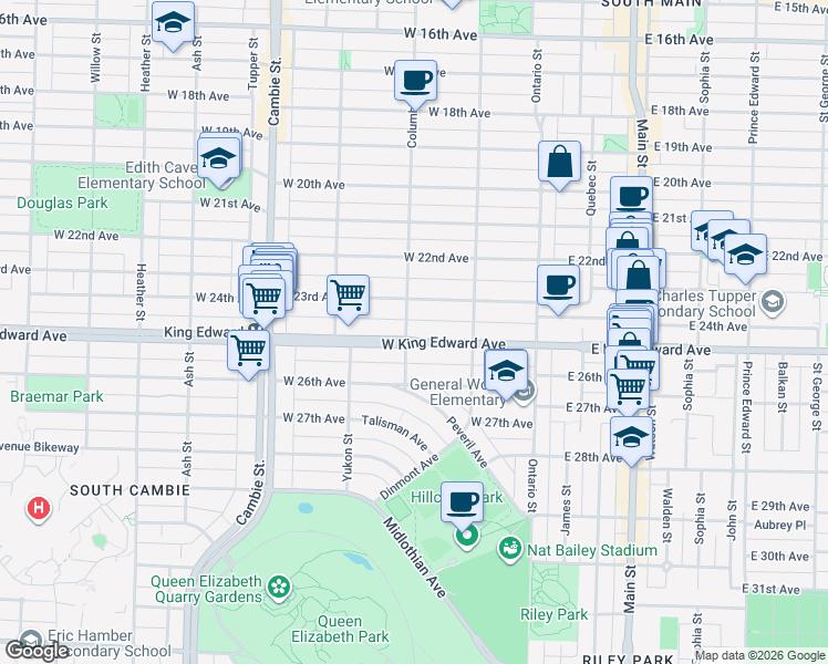 map of restaurants, bars, coffee shops, grocery stores, and more near 197 West King Edward Avenue in Vancouver