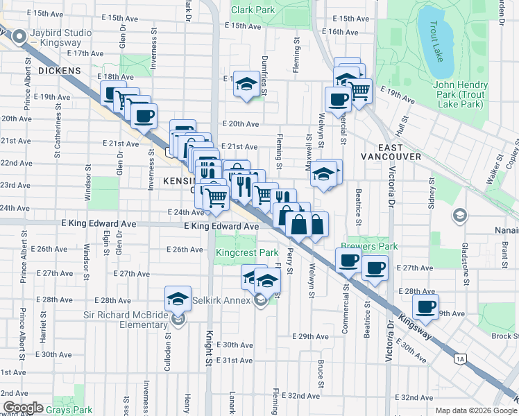 map of restaurants, bars, coffee shops, grocery stores, and more near 3996 Dumfries Street in Vancouver