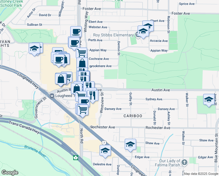 map of restaurants, bars, coffee shops, grocery stores, and more near in Coquitlam