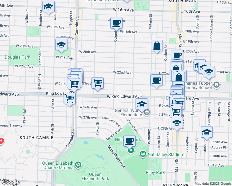 map of restaurants, bars, coffee shops, grocery stores, and more near 197 West King Edward Avenue in Vancouver