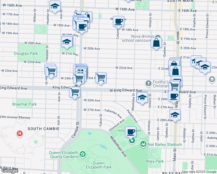 map of restaurants, bars, coffee shops, grocery stores, and more near 275 West King Edward Avenue in Vancouver