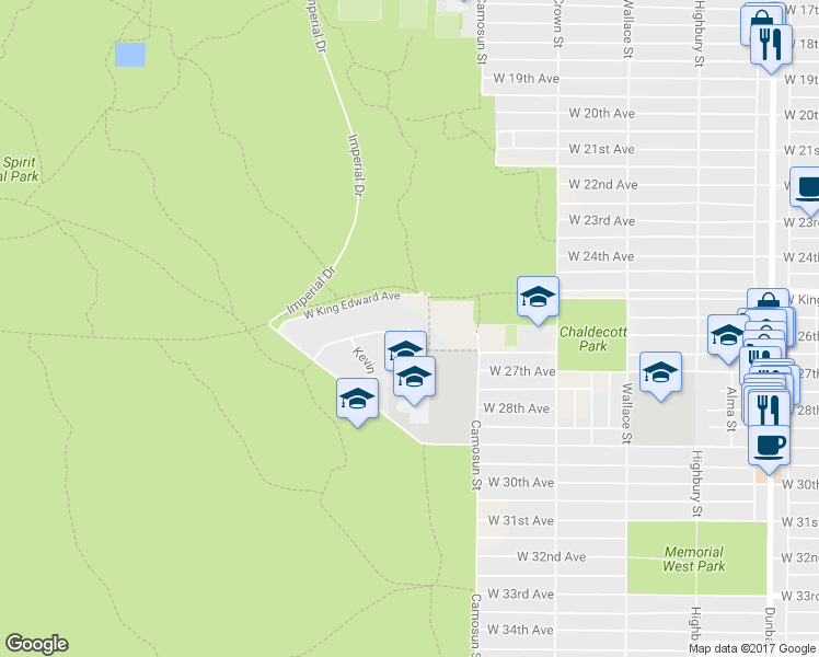 map of restaurants, bars, coffee shops, grocery stores, and more near 4165 Doncaster Way in Vancouver