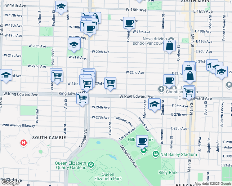 map of restaurants, bars, coffee shops, grocery stores, and more near 311 West King Edward Avenue in Vancouver