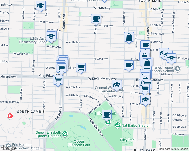 map of restaurants, bars, coffee shops, grocery stores, and more near 197 West King Edward Avenue in Vancouver
