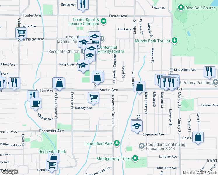 map of restaurants, bars, coffee shops, grocery stores, and more near 1769 Austin Avenue in Coquitlam