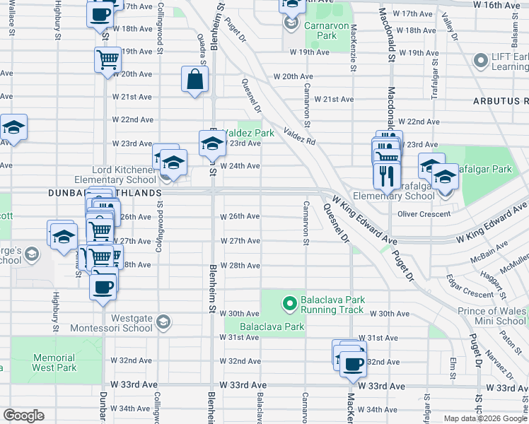 map of restaurants, bars, coffee shops, grocery stores, and more near 4188 Balaclava Street in Vancouver