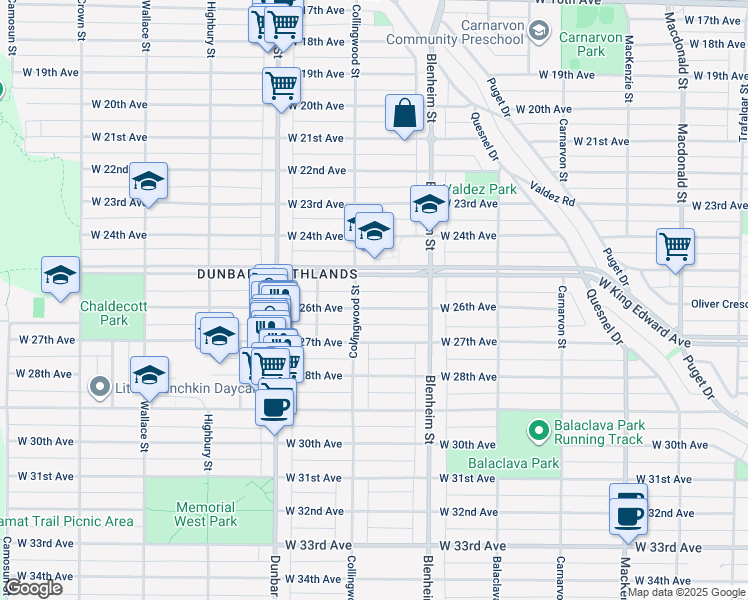 map of restaurants, bars, coffee shops, grocery stores, and more near 3449 West 26th Avenue in Vancouver