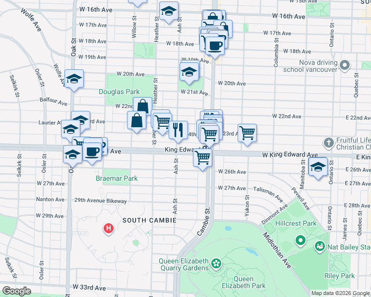 map of restaurants, bars, coffee shops, grocery stores, and more near 589 West King Edward Avenue in Vancouver