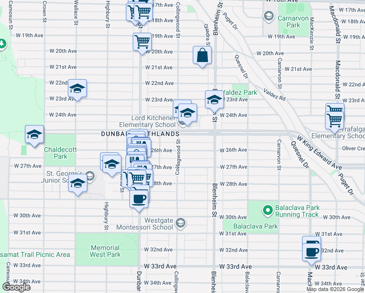 map of restaurants, bars, coffee shops, grocery stores, and more near 3475 West 26th Avenue in Vancouver