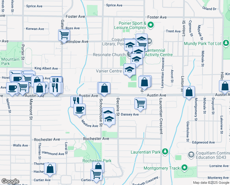 map of restaurants, bars, coffee shops, grocery stores, and more near 1551 Austin Avenue in Coquitlam