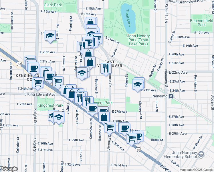 map of restaurants, bars, coffee shops, grocery stores, and more near 4021 Victoria Drive in Vancouver