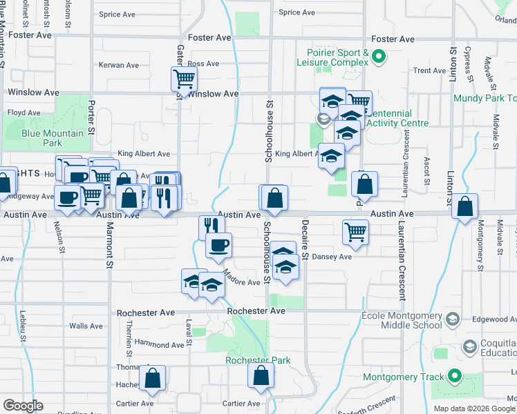 map of restaurants, bars, coffee shops, grocery stores, and more near 1419 Austin Avenue in Coquitlam