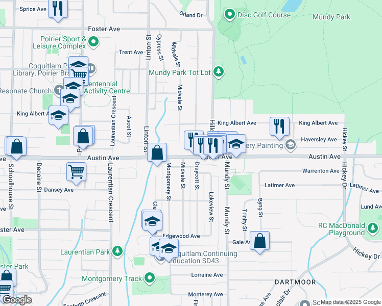 map of restaurants, bars, coffee shops, grocery stores, and more near 2075 Austin Avenue in Coquitlam