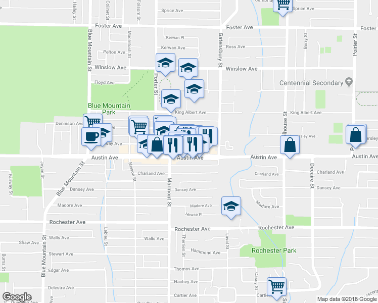 map of restaurants, bars, coffee shops, grocery stores, and more near 1121 Austin Avenue in Coquitlam