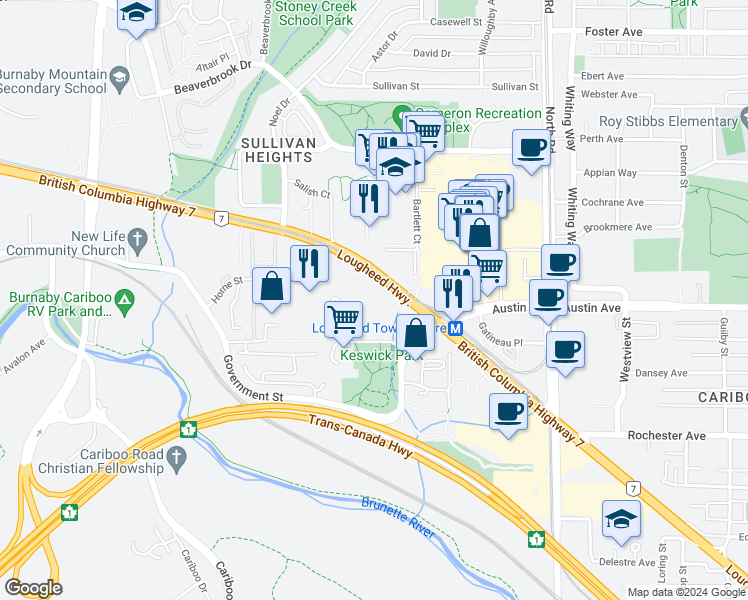 map of restaurants, bars, coffee shops, grocery stores, and more near 3970 Carrigan Court in Burnaby