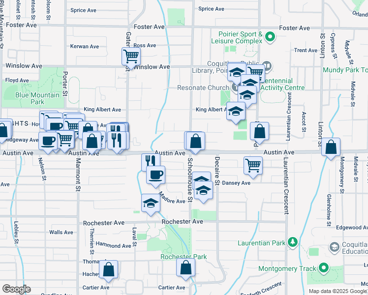map of restaurants, bars, coffee shops, grocery stores, and more near 1419 Austin Avenue in Coquitlam
