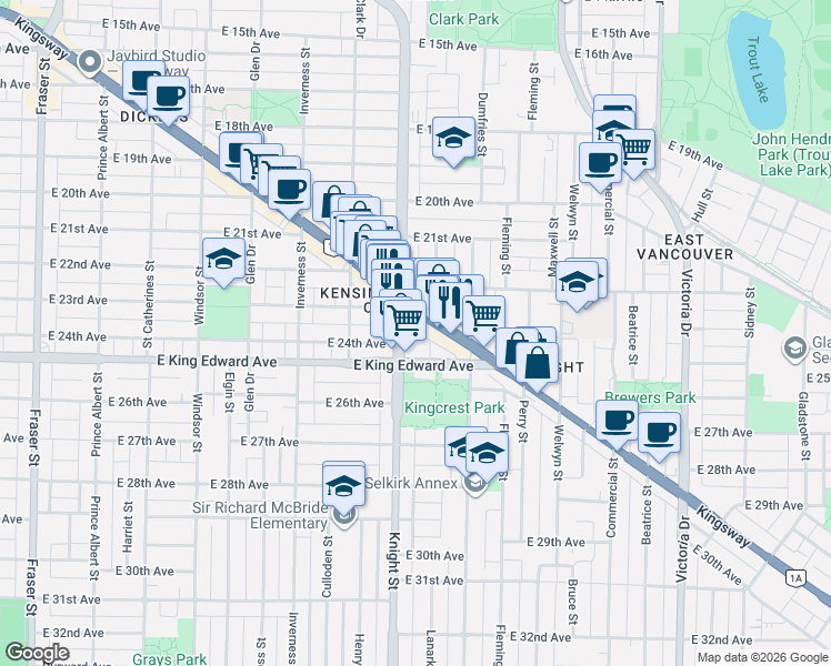 map of restaurants, bars, coffee shops, grocery stores, and more near 4028 Knight Street in Vancouver
