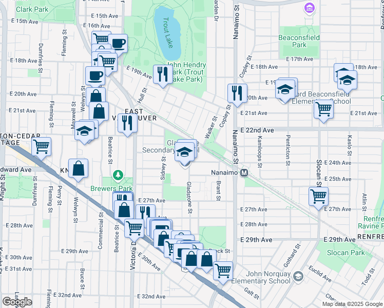 map of restaurants, bars, coffee shops, grocery stores, and more near 4008 Gladstone Street in Vancouver