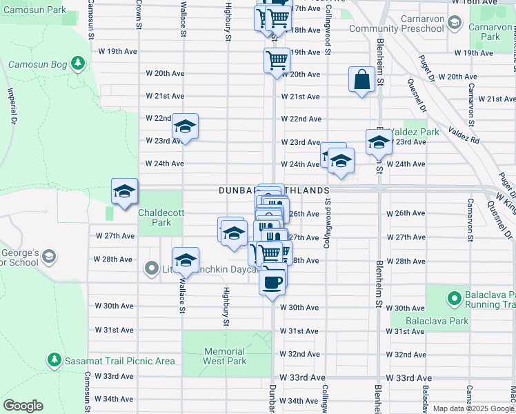 map of restaurants, bars, coffee shops, grocery stores, and more near 3651 West 26th Avenue in Vancouver