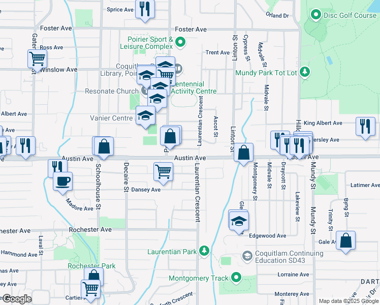 map of restaurants, bars, coffee shops, grocery stores, and more near 514 Laurentian Crescent in Coquitlam