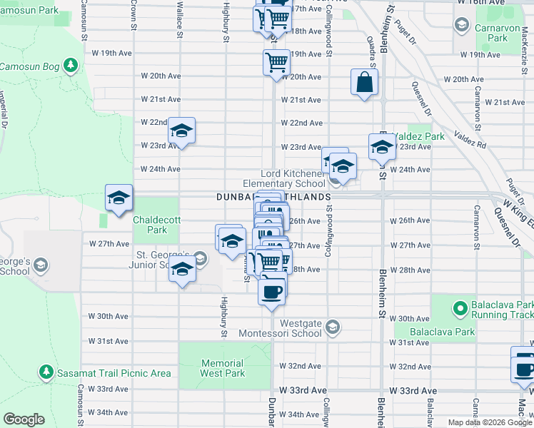 map of restaurants, bars, coffee shops, grocery stores, and more near 3621 West 26th Avenue in Vancouver
