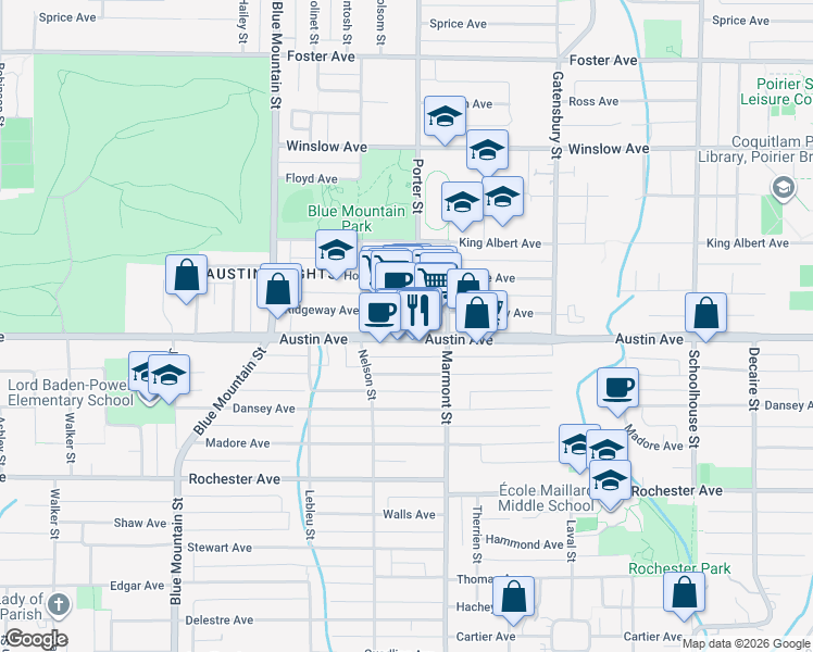 map of restaurants, bars, coffee shops, grocery stores, and more near 1057 Ridgeway Avenue in Coquitlam