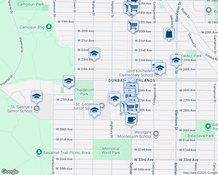 map of restaurants, bars, coffee shops, grocery stores, and more near 3811 West 26th Avenue in Vancouver