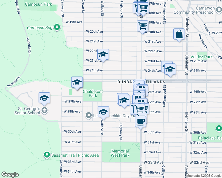 map of restaurants, bars, coffee shops, grocery stores, and more near 3849 West 26th Avenue in Vancouver