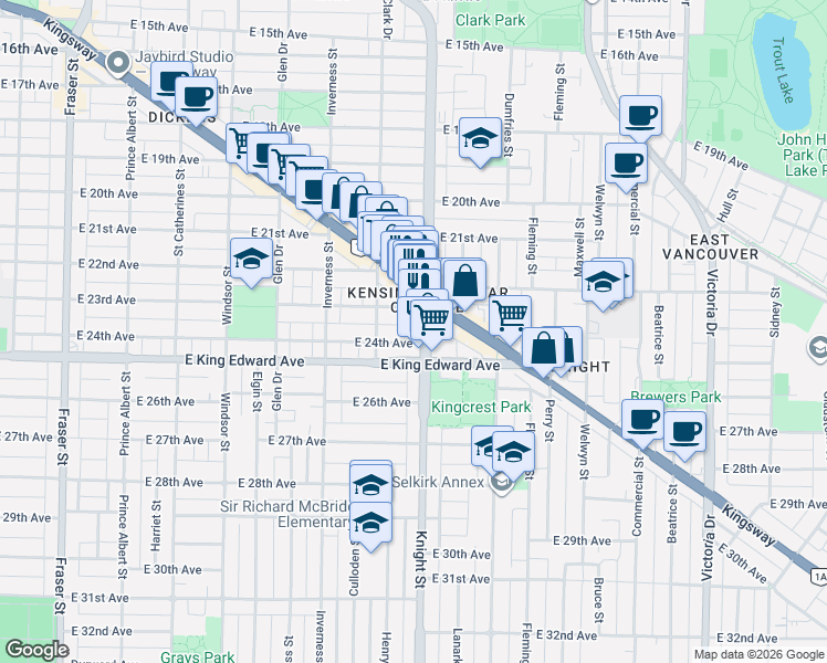 map of restaurants, bars, coffee shops, grocery stores, and more near 3939 Knight Street in Vancouver