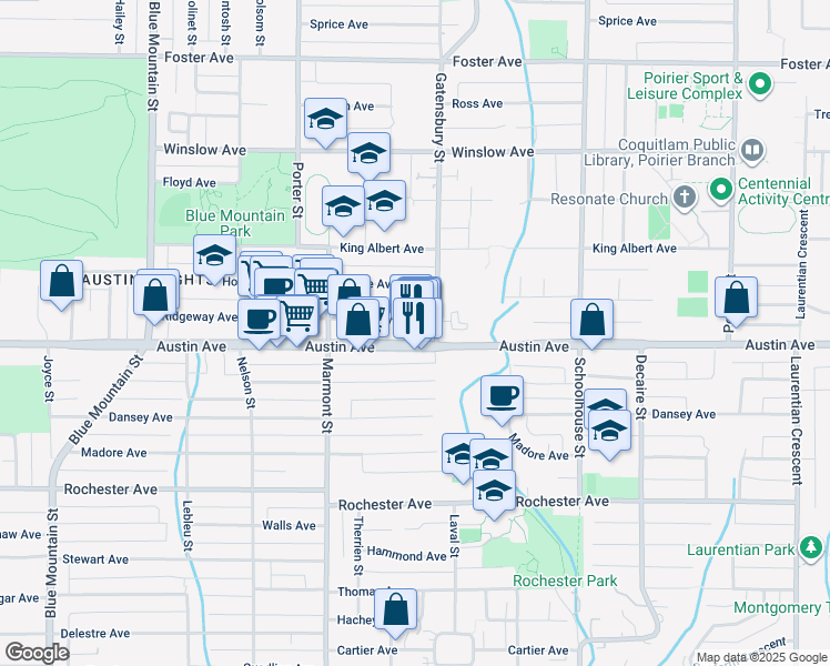 map of restaurants, bars, coffee shops, grocery stores, and more near 1139 Austin Avenue in Coquitlam