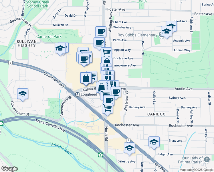 map of restaurants, bars, coffee shops, grocery stores, and more near 501 North Road in Coquitlam