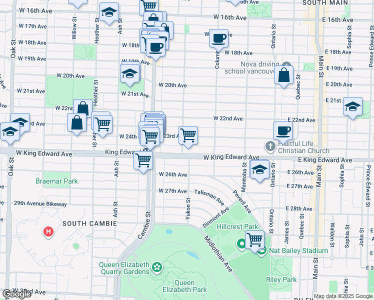 map of restaurants, bars, coffee shops, grocery stores, and more near 4060 Yukon Street in Vancouver