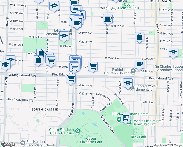 map of restaurants, bars, coffee shops, grocery stores, and more near 4080 Yukon Street in Vancouver