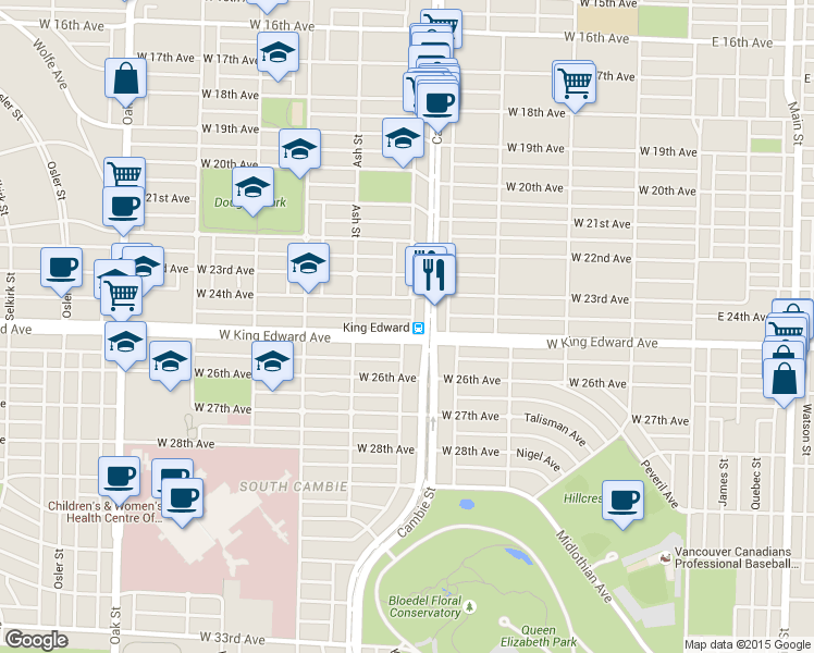 map of restaurants, bars, coffee shops, grocery stores, and more near in Vancouver