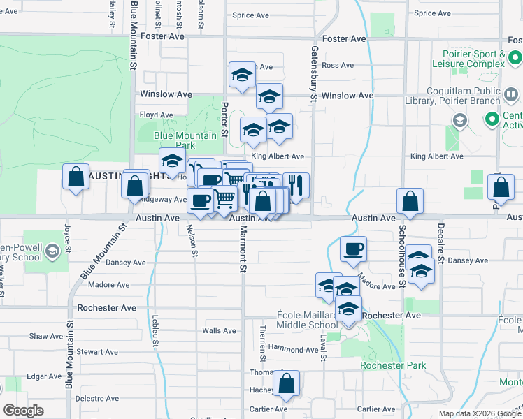 map of restaurants, bars, coffee shops, grocery stores, and more near 1121 Austin Avenue in Coquitlam