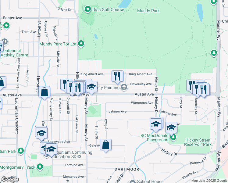 map of restaurants, bars, coffee shops, grocery stores, and more near 2283 Austin Avenue in Coquitlam