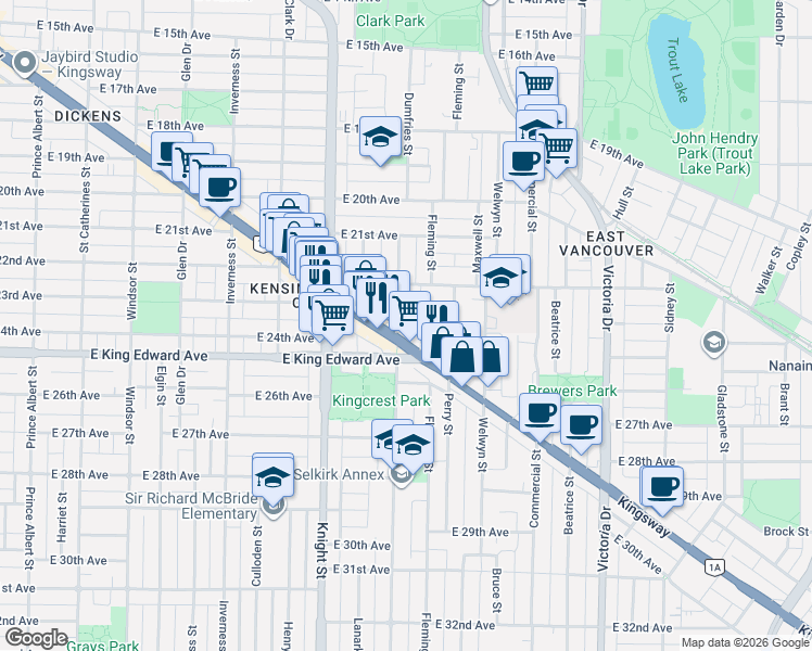 map of restaurants, bars, coffee shops, grocery stores, and more near 3996 Dumfries Street in Vancouver