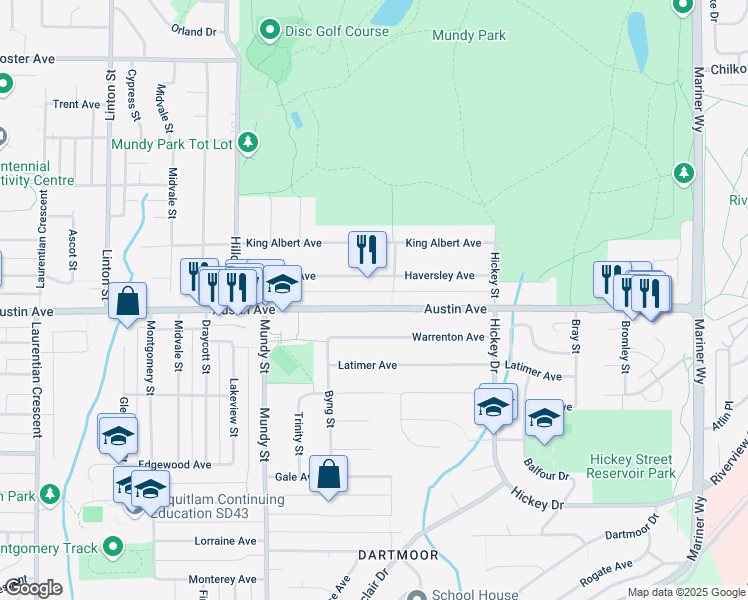 map of restaurants, bars, coffee shops, grocery stores, and more near 2307 Austin Avenue in Coquitlam