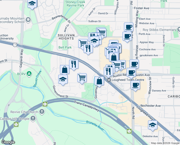 map of restaurants, bars, coffee shops, grocery stores, and more near 3970 Carrigan Court in Burnaby